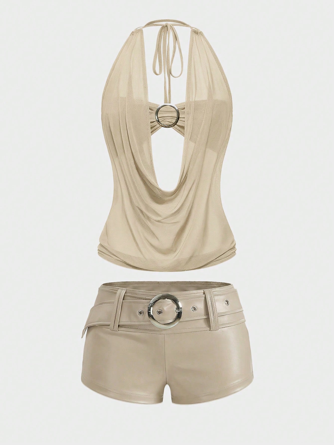 Women's Gyaru-style two-piece outfit with a draped halter crop top, backless tie detail, and mini bodycon shorts