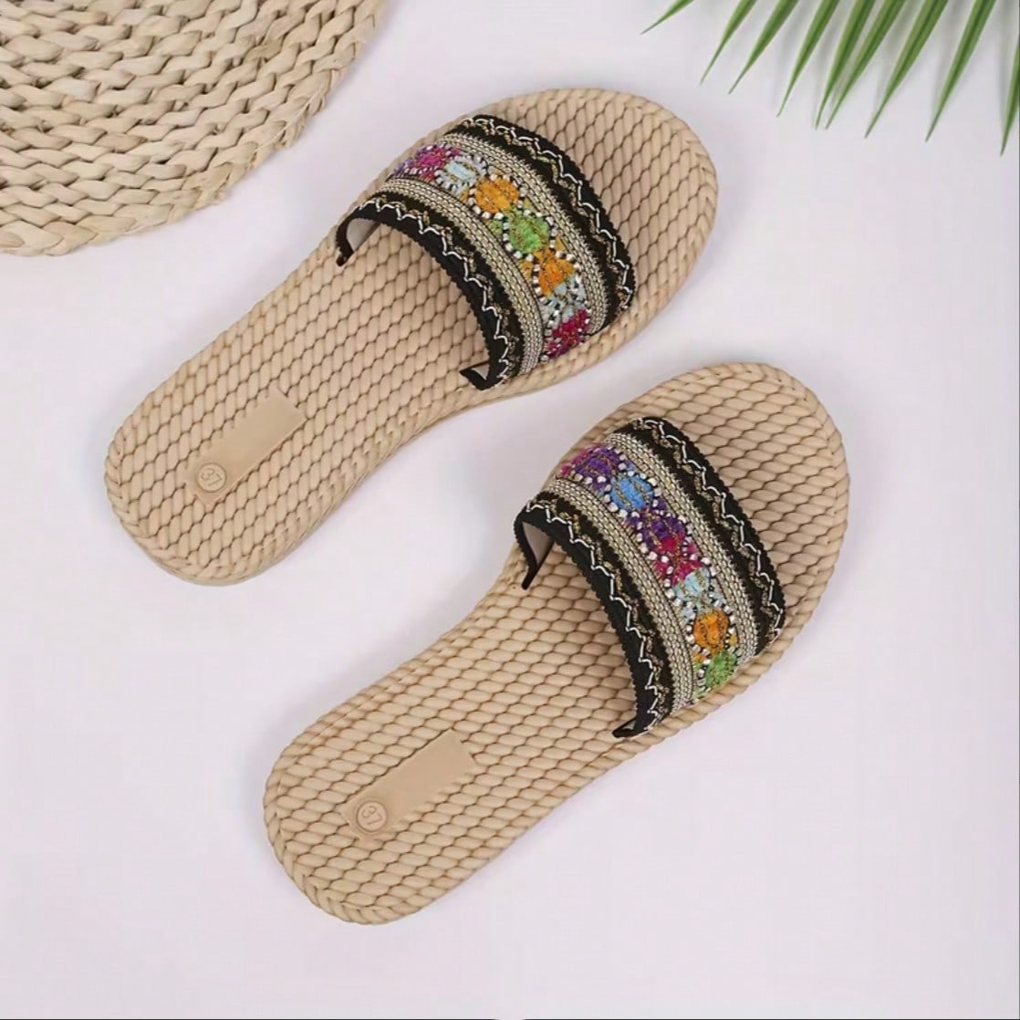 White flower Y2K flat slide sandals with toe post, beaded and embroidered woven-look fabric upper
