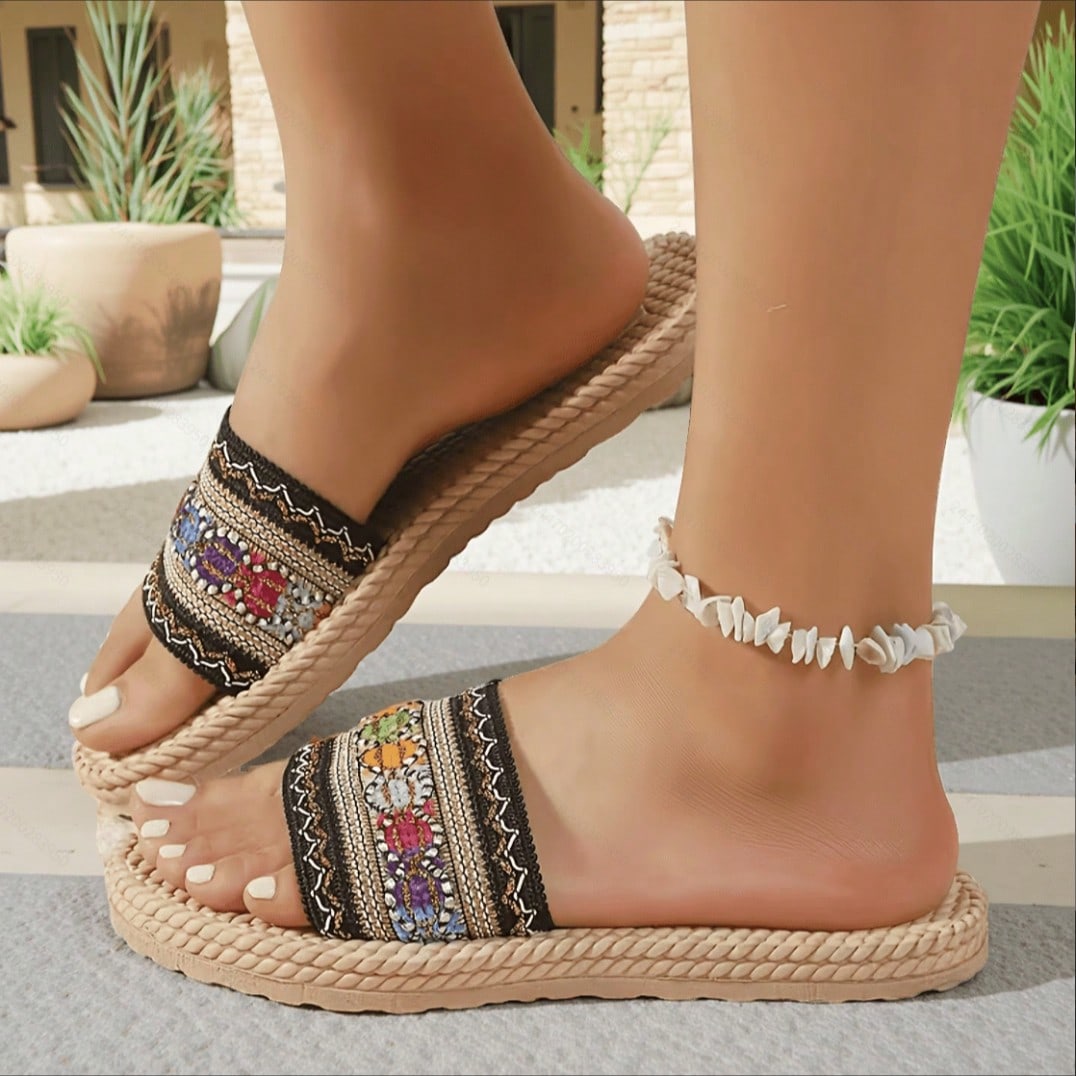 White flower Y2K flat slide sandals with toe post, beaded and embroidered woven-look fabric upper