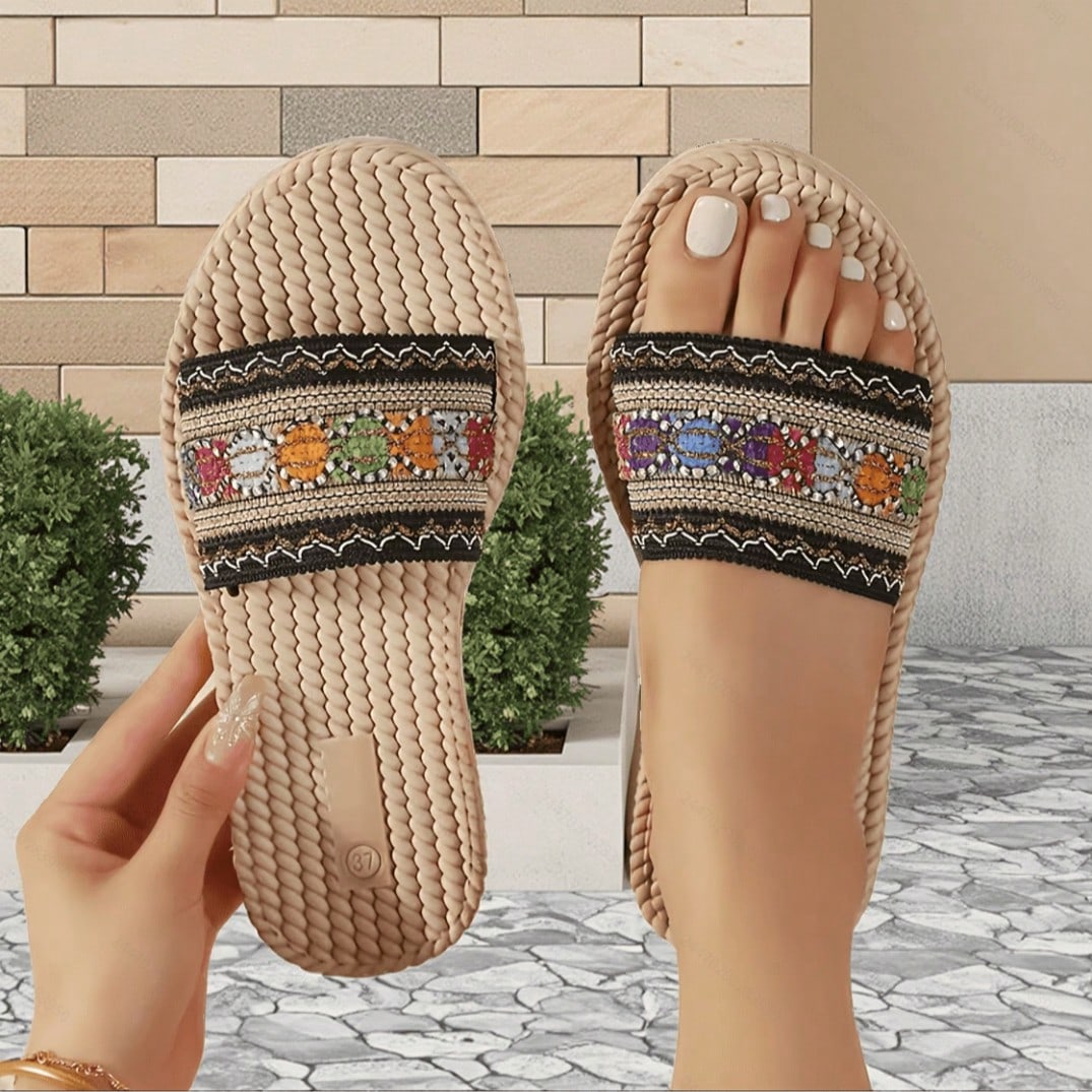 White flower Y2K flat slide sandals with toe post, beaded and embroidered woven-look fabric upper