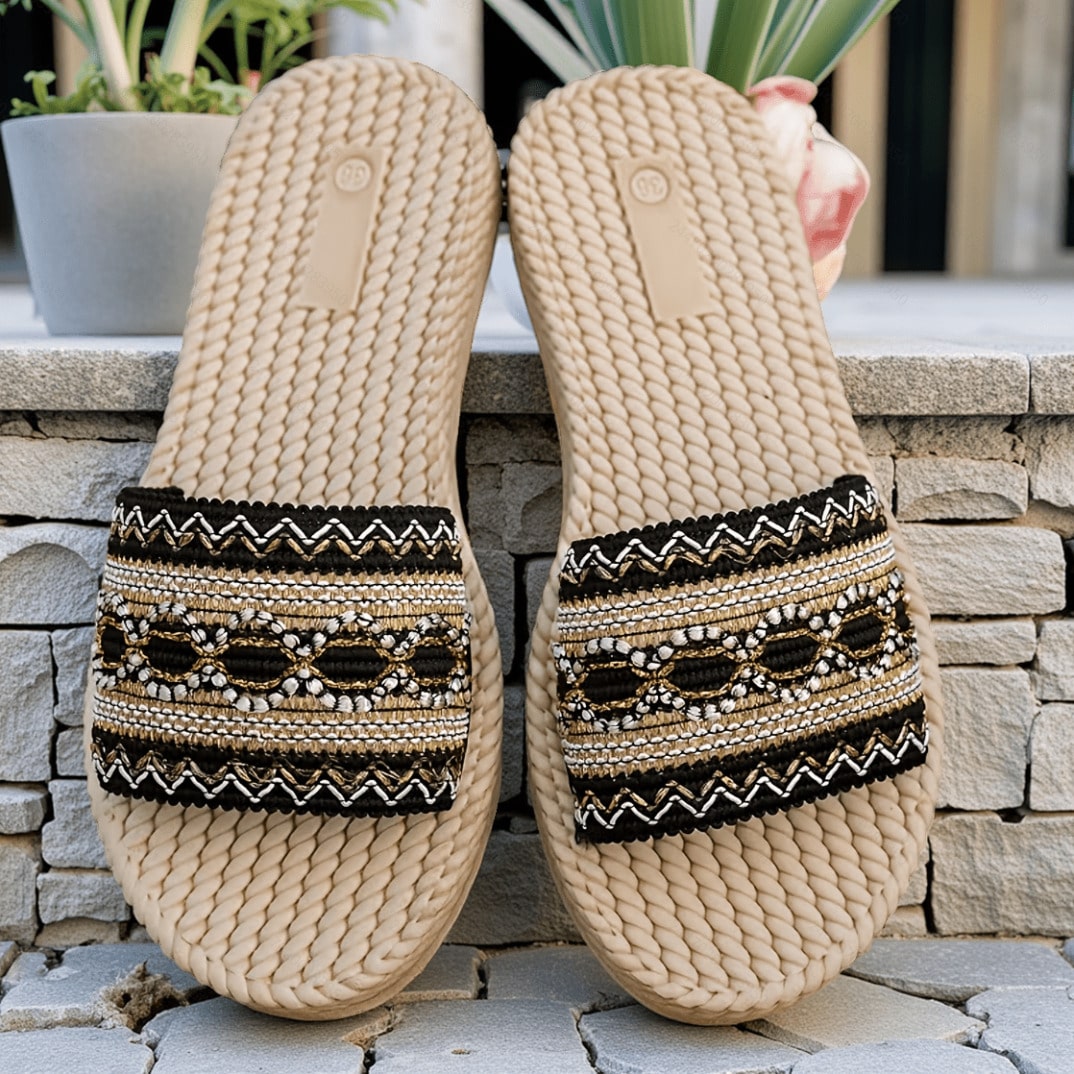 White flower Y2K flat slide sandals with toe post, beaded and embroidered woven-look fabric upper