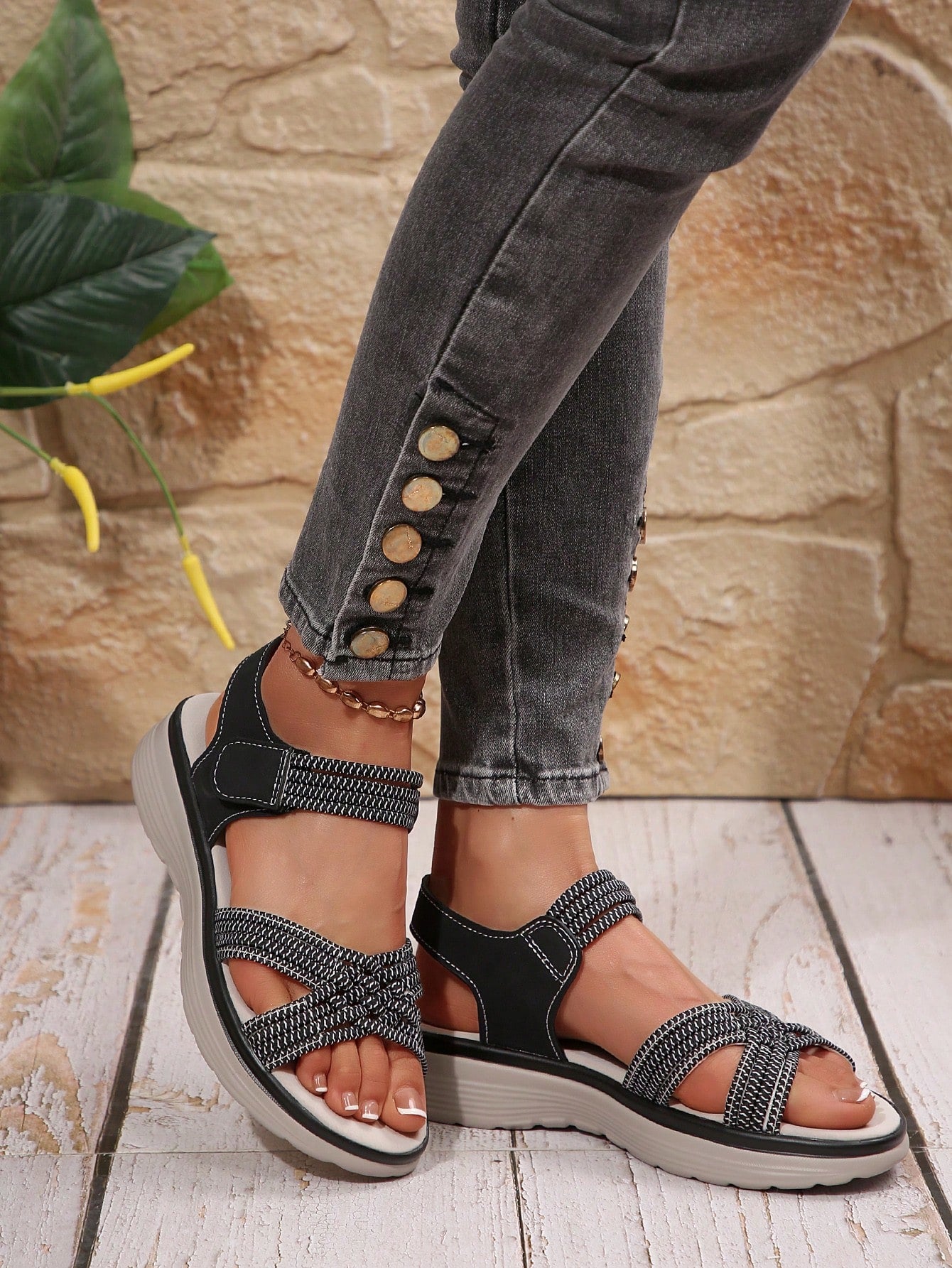 Women's plus size platform wedge sandals with hook-and-loop closure, open toe, ankle strap, and cut-out detailing in a casual beach style.