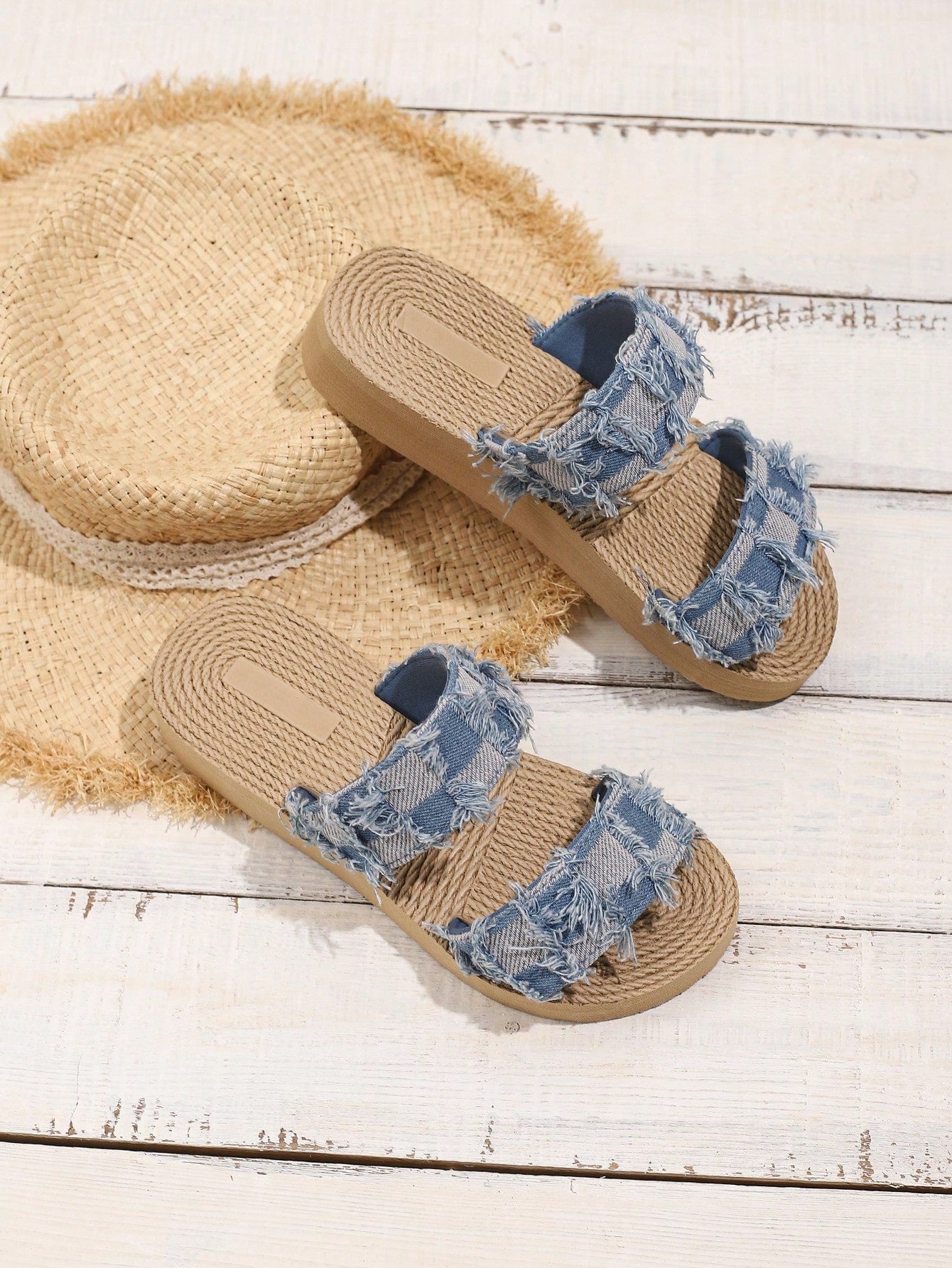 Women's beige flat open-toe slide sandals with ruched bow and fringe detail, casual breathable fabric style for outdoor, commute, vacation, and home wear