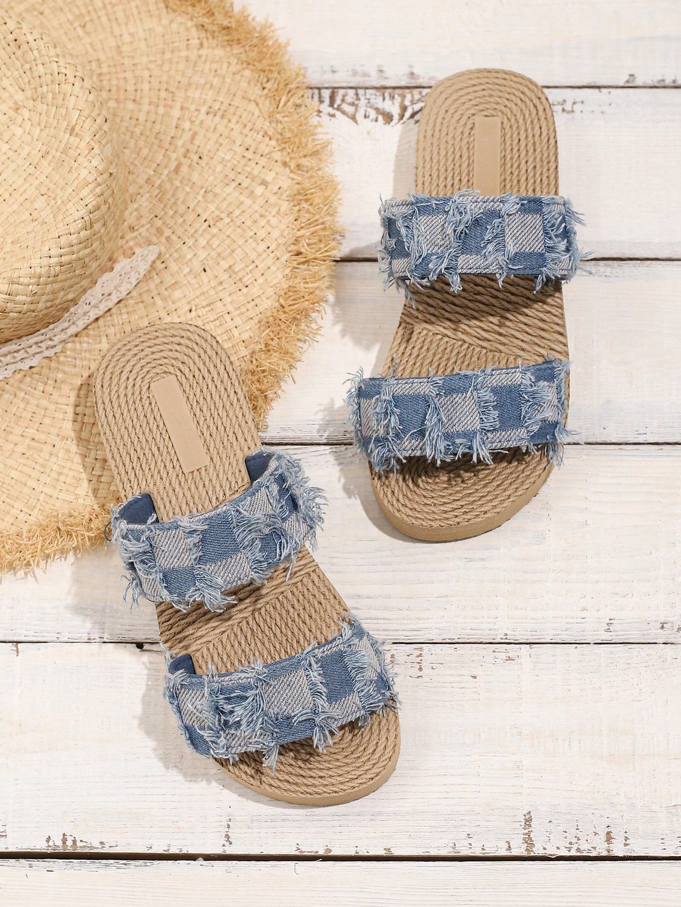 Women's beige flat open-toe slide sandals with ruched bow and fringe detail, casual breathable fabric style for outdoor, commute, vacation, and home wear
