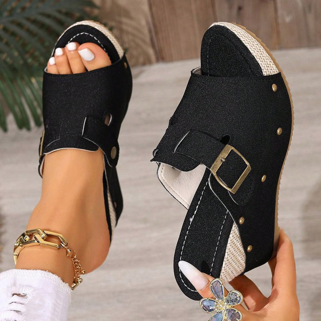 Women's open-toe slip-on platform sandals with a chunky T-strap and buckle detail, mid heel, and PU leather upper.
