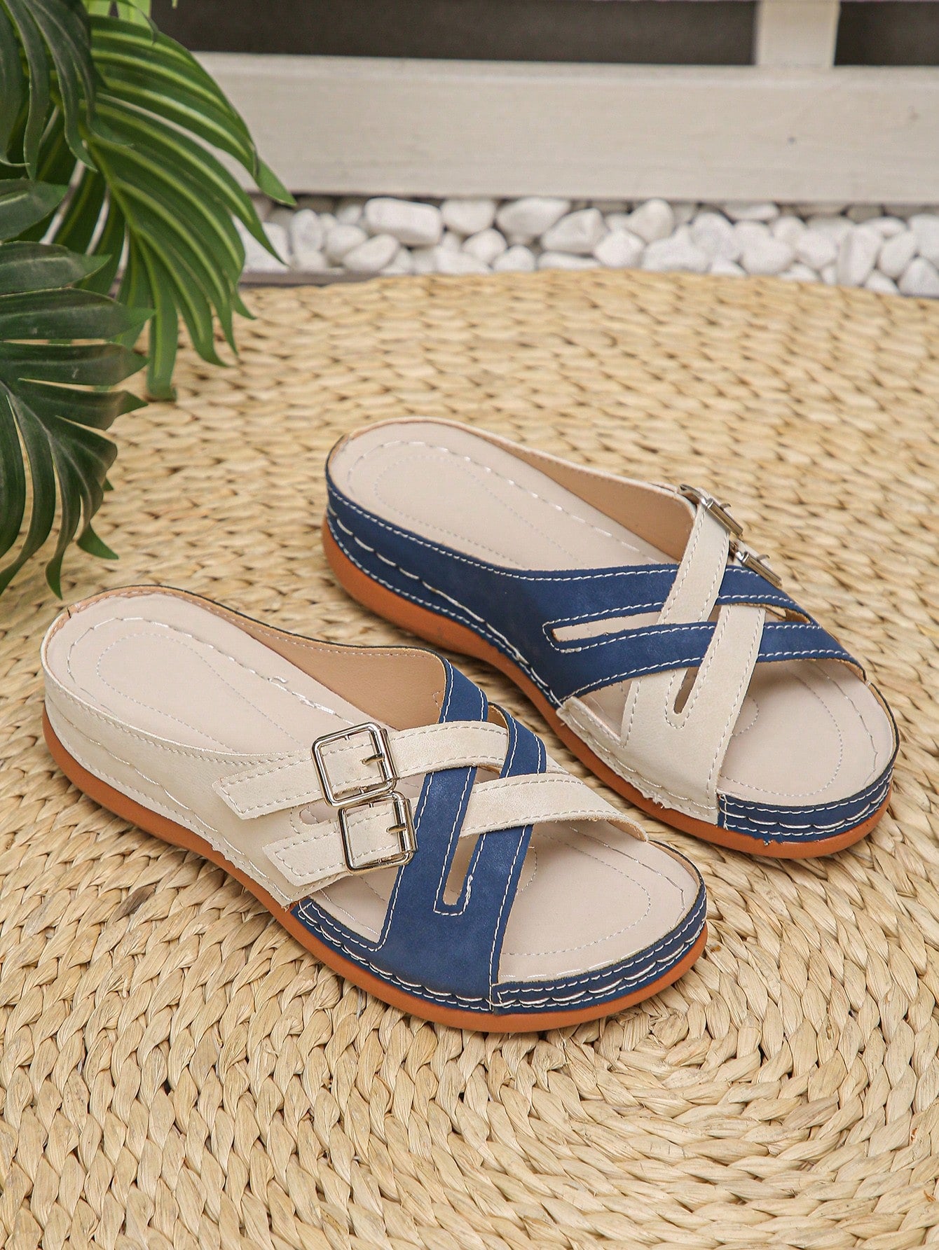 Women's beige and blue colorblock slingback sandals with adjustable buckle, open toe, and flat platform wedge sole, shown as casual beach and daily wear slip-on sandals.
