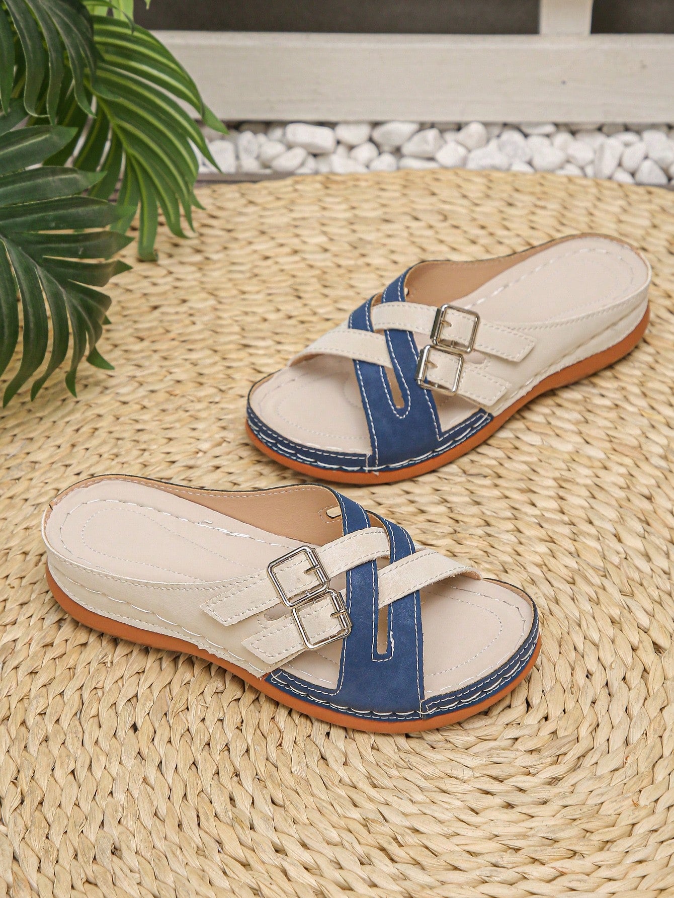 Women's beige and blue colorblock slingback sandals with adjustable buckle, open toe, and flat platform wedge sole, shown as casual beach and daily wear slip-on sandals.