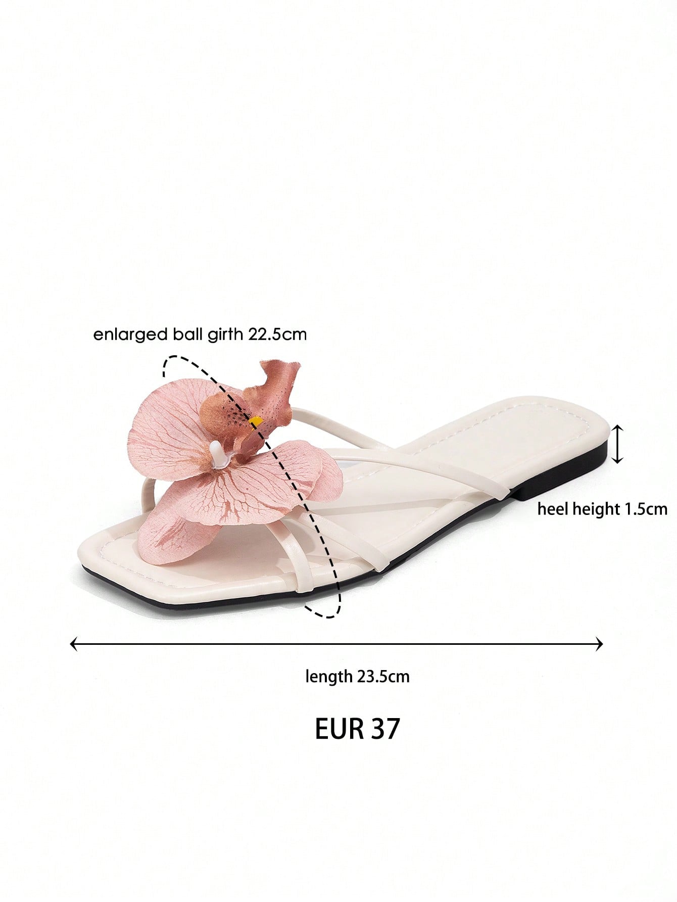 Wide fit women's beige flat thong sandals with butterfly orchid appliqué decor and open toe, suitable for beach, vacation, home, and casual everyday wear.