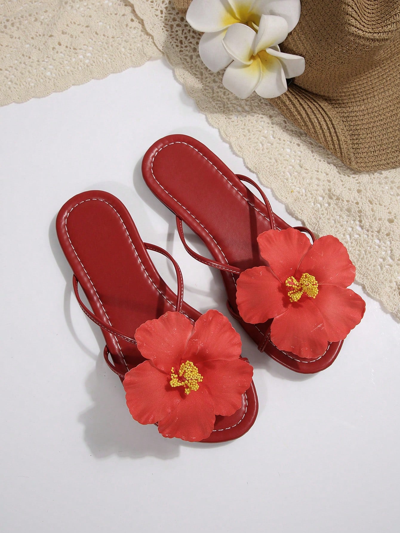 Women's open-toe flat slide sandals with a single strap and applique detail, glamorous casual style for beach and daily wear.