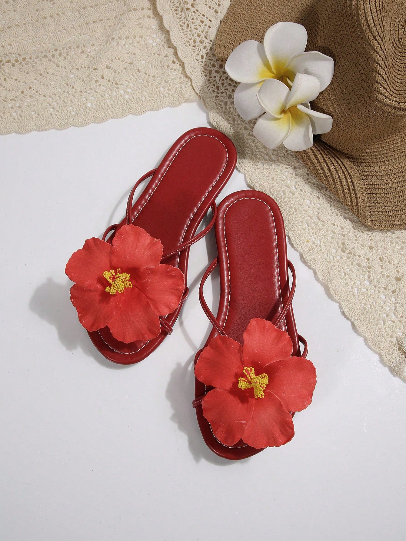 Women's open-toe flat slide sandals with a single strap and applique detail, glamorous casual style for beach and daily wear.