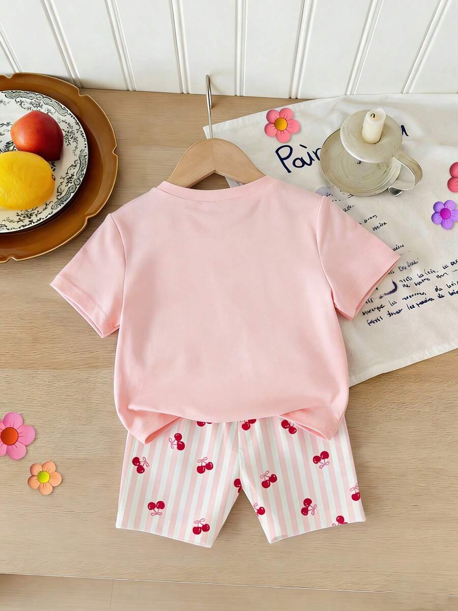 Elladie kids 2pcs/Set 4-7 Years Old Girls Toddler Outfits,Summer Cherry Bow Print Blue & White Striped Round Neck Short Sleeve T-Shirt + Shorts,Fresh Cute Style