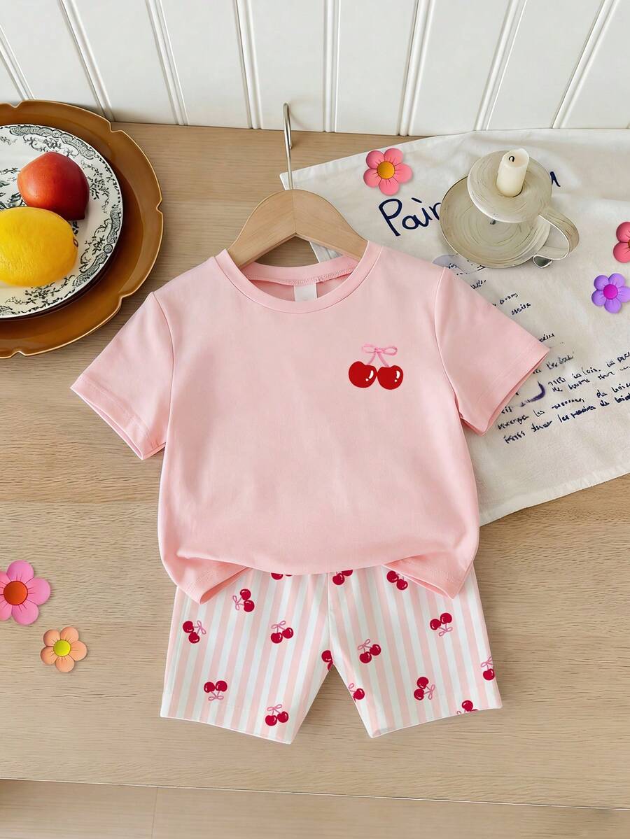 Elladie kids 2pcs/Set 4-7 Years Old Girls Toddler Outfits,Summer Cherry Bow Print Blue & White Striped Round Neck Short Sleeve T-Shirt + Shorts,Fresh Cute Style