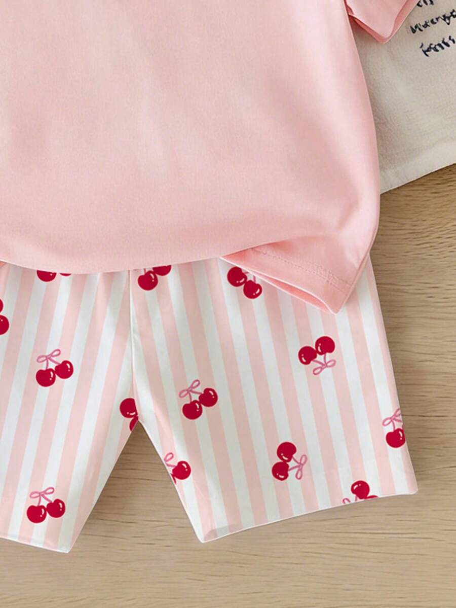 Elladie kids 2pcs/Set 4-7 Years Old Girls Toddler Outfits,Summer Cherry Bow Print Blue & White Striped Round Neck Short Sleeve T-Shirt + Shorts,Fresh Cute Style