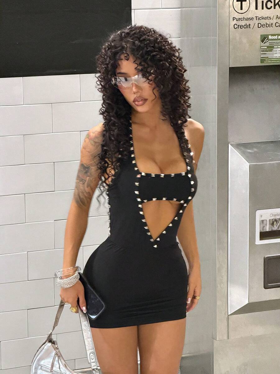 Women's studded halter bodycon mini dress with deep V-neck, backless design, arm sleeves, slim fit, and pencil hem.