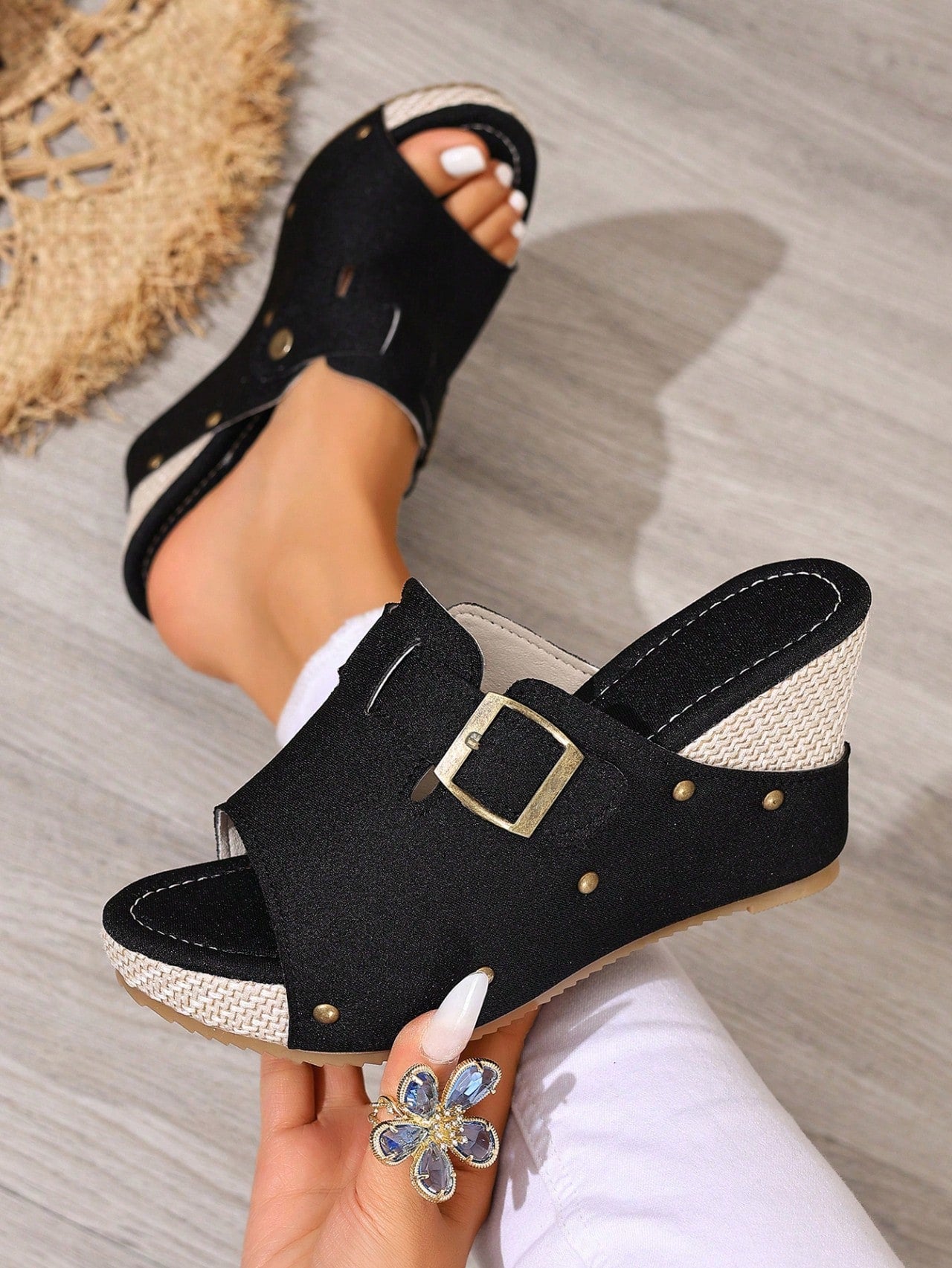 Women's open-toe slip-on platform sandals with a chunky T-strap and buckle detail, mid heel, and PU leather upper.