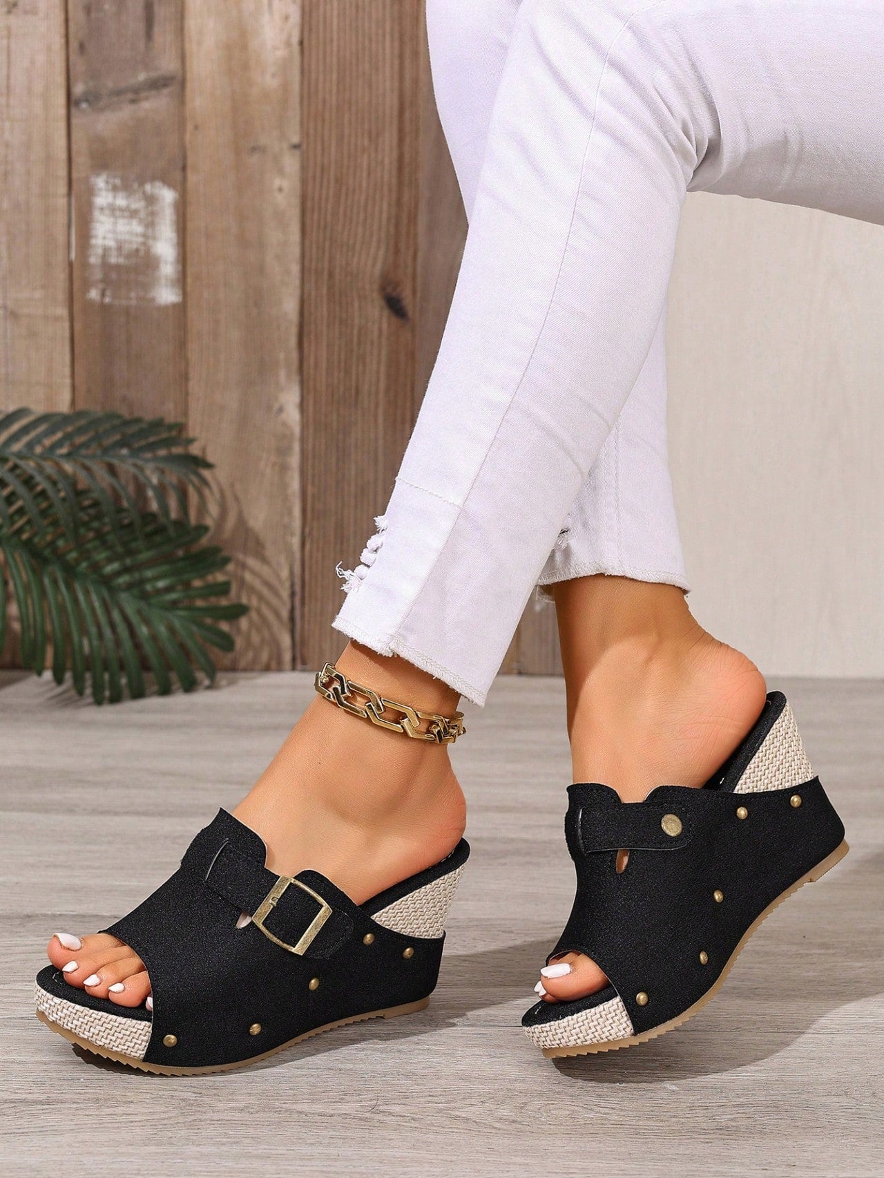 Women's open-toe slip-on platform sandals with a chunky T-strap and buckle detail, mid heel, and PU leather upper.
