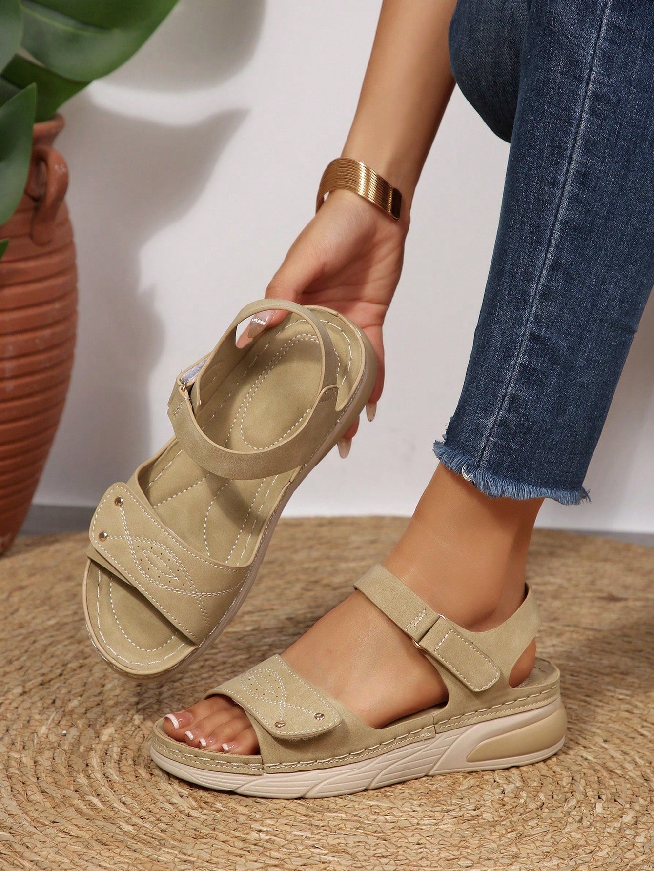 Women's plus size platform wedge sandals with hook-and-loop closure, open toe, ankle strap, and cut-out detailing in a casual beach style.
