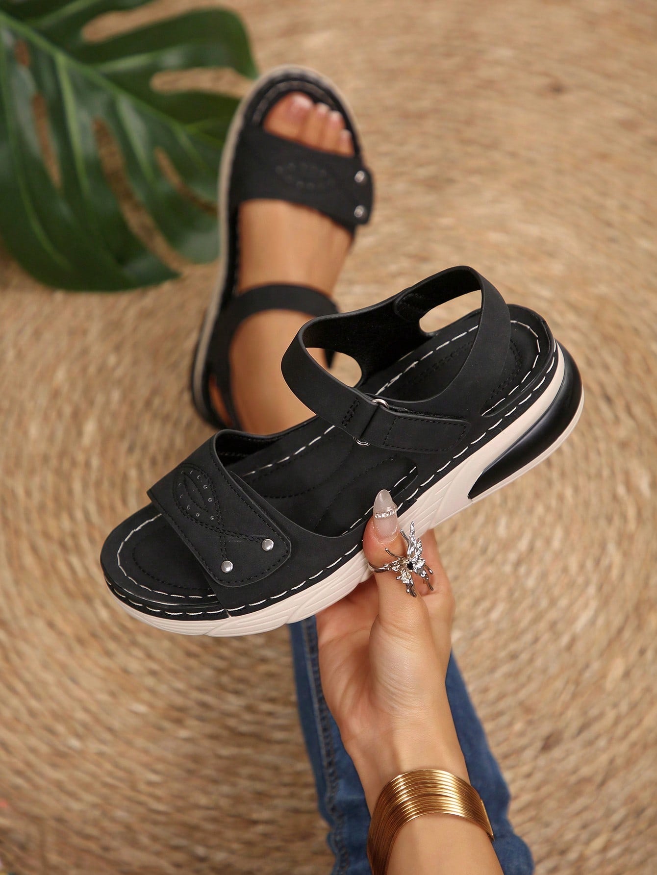 Women's plus size platform wedge sandals with hook-and-loop closure, open toe, ankle strap, and cut-out detailing in a casual beach style.