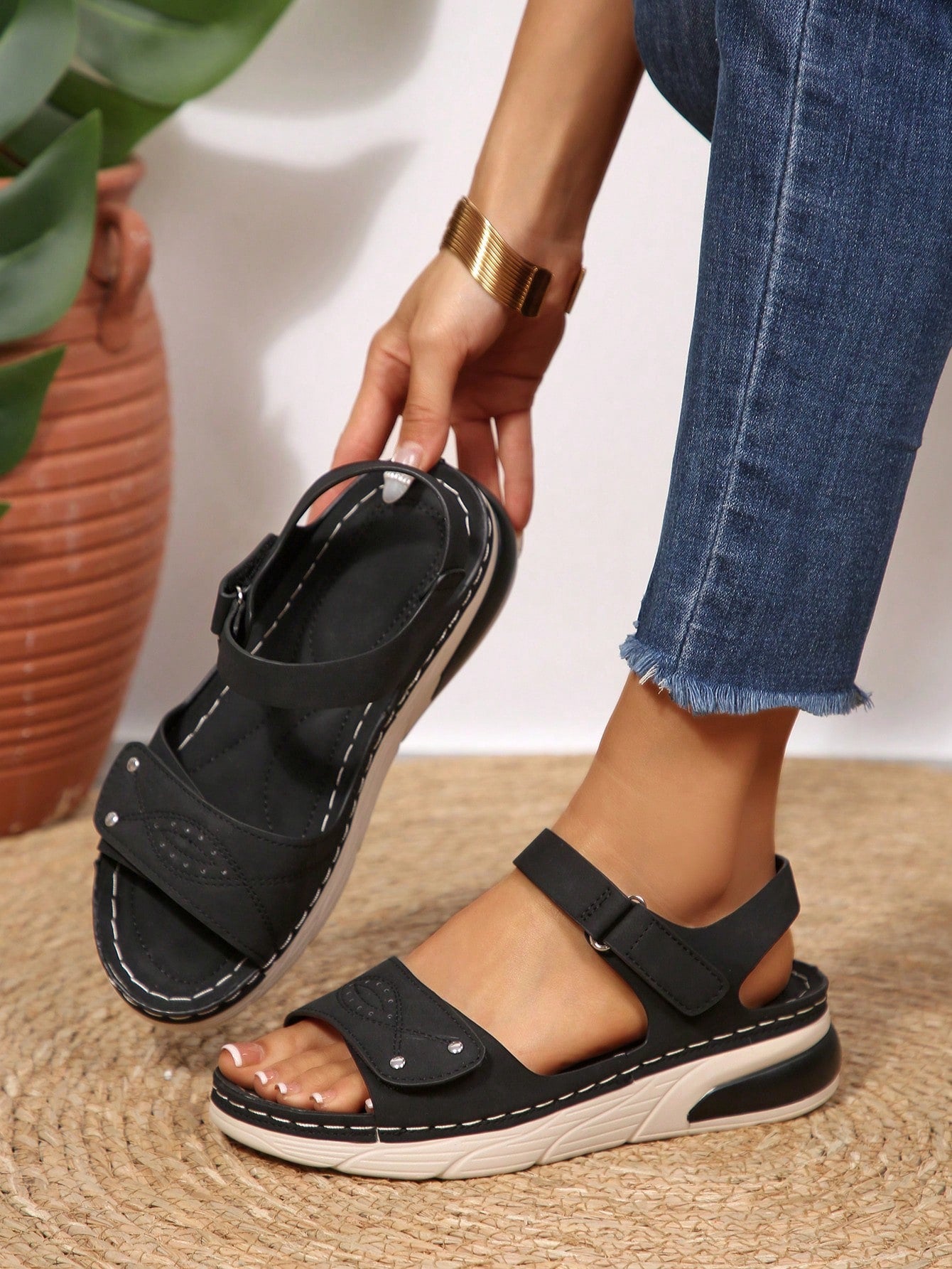 Women's plus size platform wedge sandals with hook-and-loop closure, open toe, ankle strap, and cut-out detailing in a casual beach style.