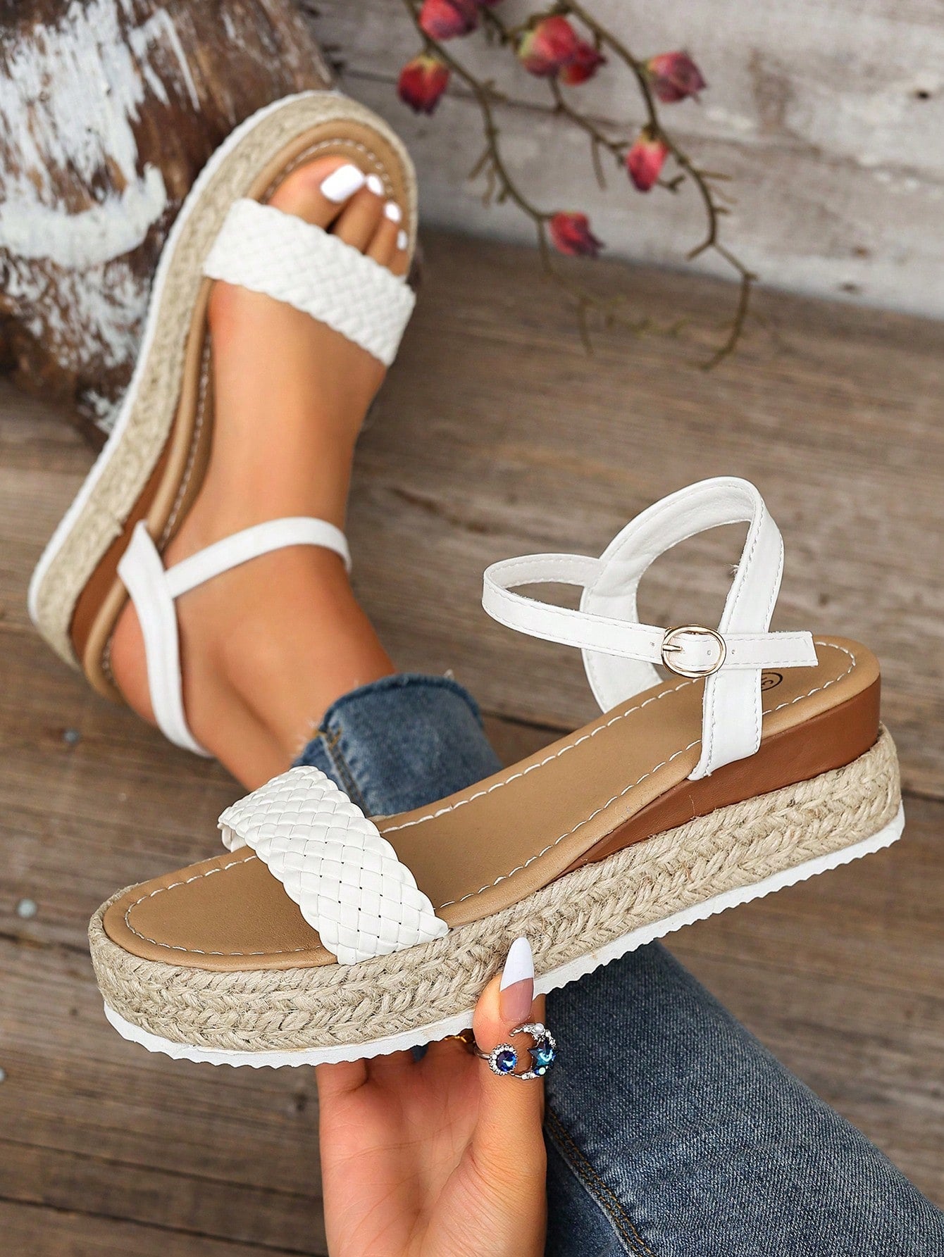 Women's thick sole flip flop sandals with adjustable buckle strap, toe post design, and flatform mid heel in a casual vacation style.