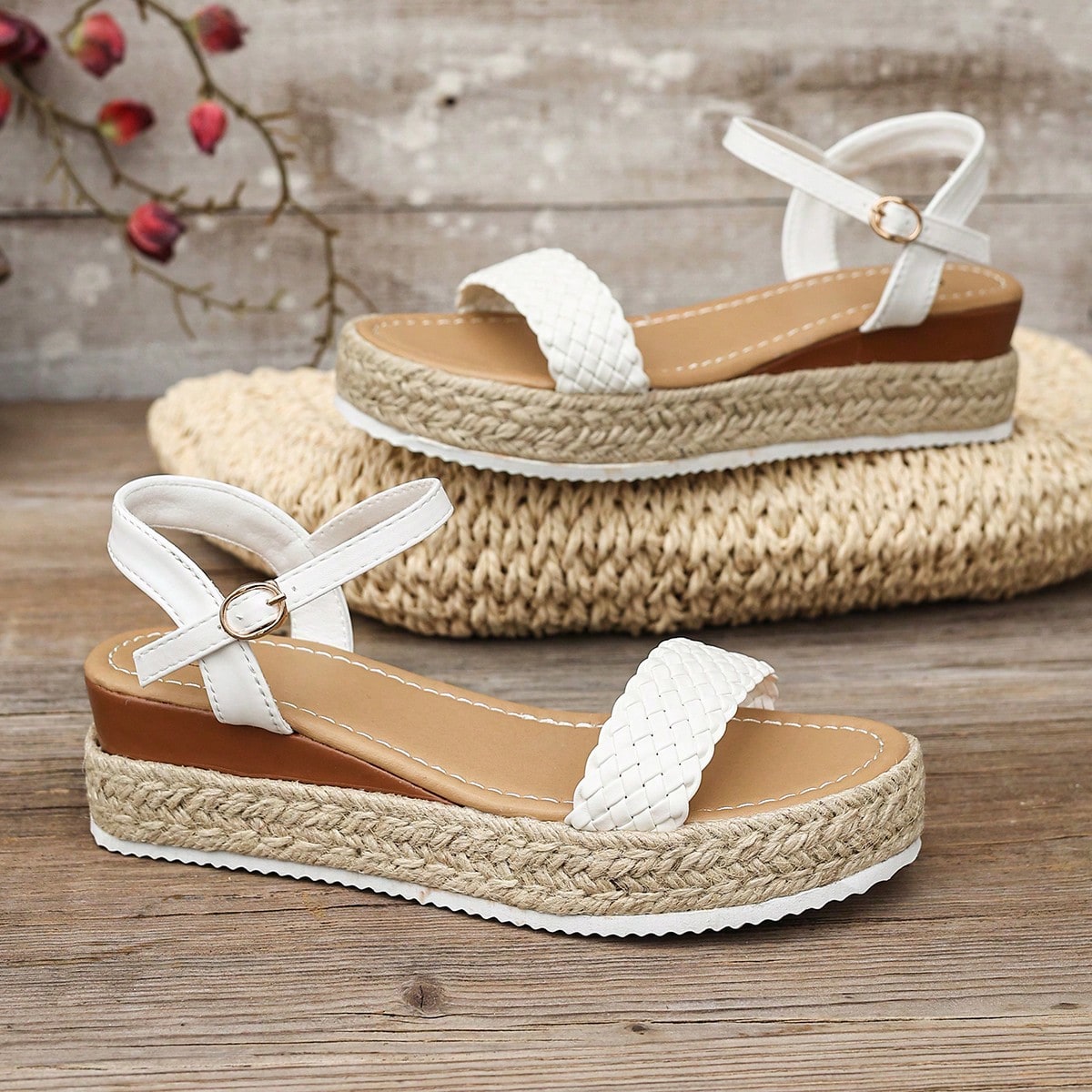 Women's thick sole flip flop sandals with adjustable buckle strap, toe post design, and flatform mid heel in a casual vacation style.