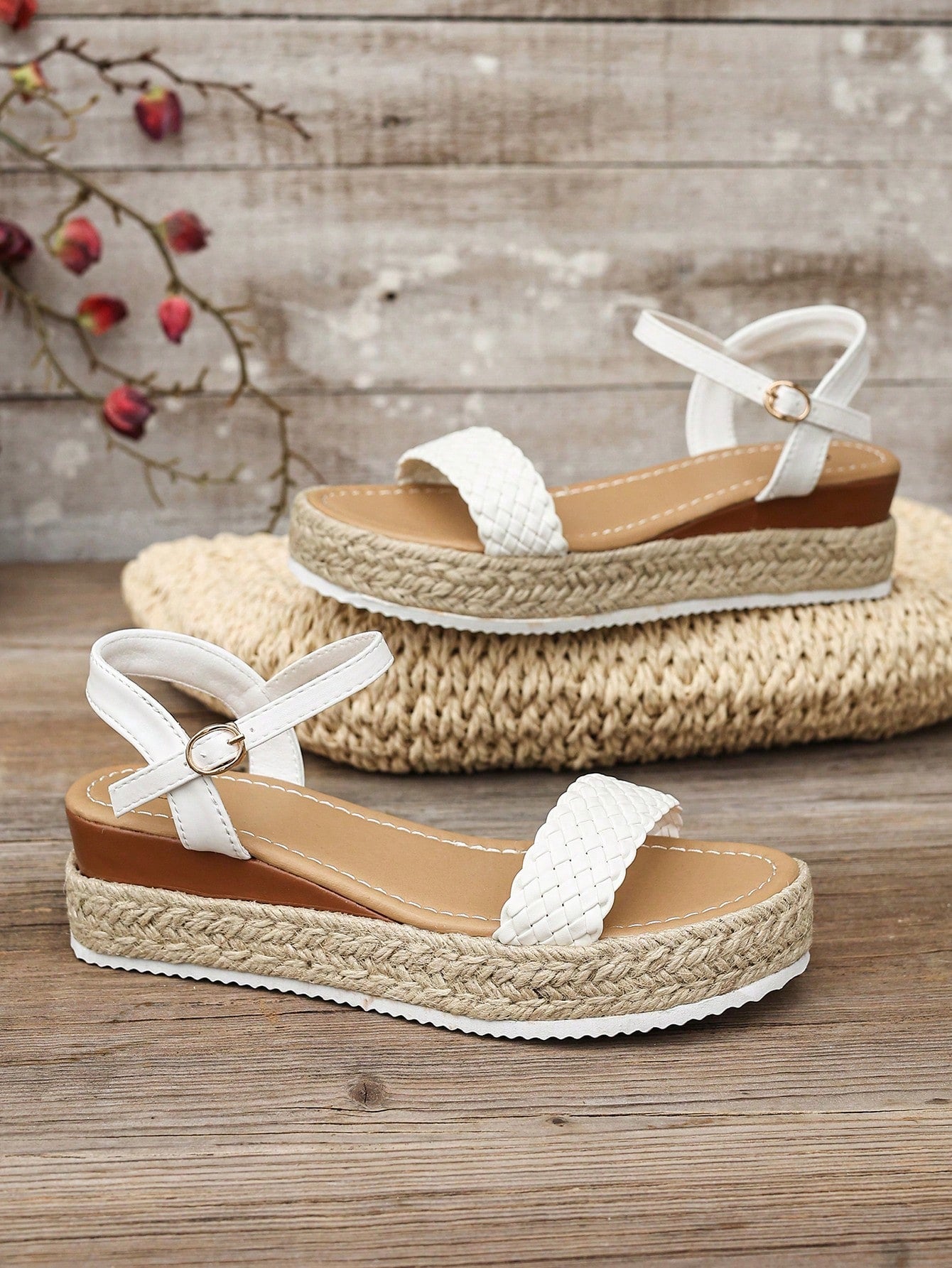 Women's thick sole flip flop sandals with adjustable buckle strap, toe post design, and flatform mid heel in a casual vacation style.