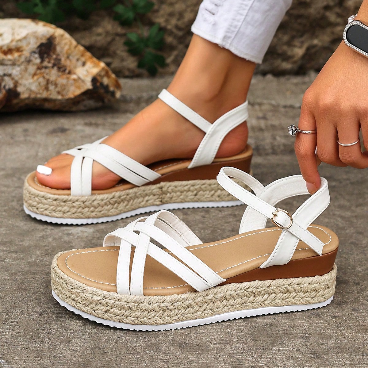 Women's thick sole flip flop sandals with adjustable buckle strap, toe post design, and flatform mid heel in a casual vacation style.