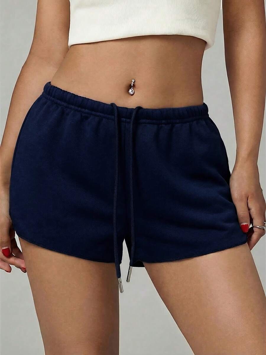Petite women's burgundy casual track shorts with drawstring waist, raw hem, loose fit, and mini length