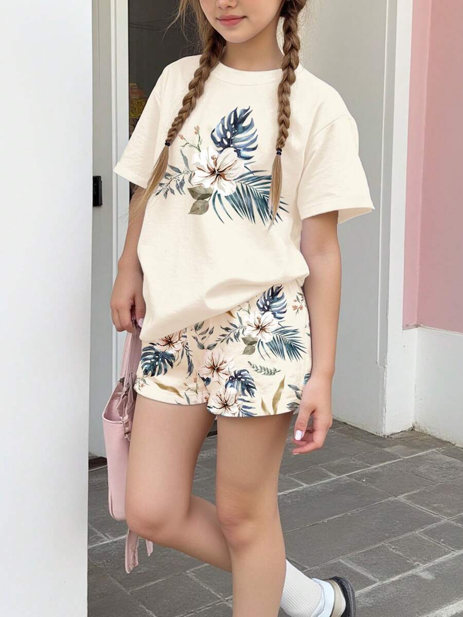 Young Girl Young Girl Casual Minimalist Short Sleeve T-Shirt And Shorts 2-Piece Set Suitable For Summer