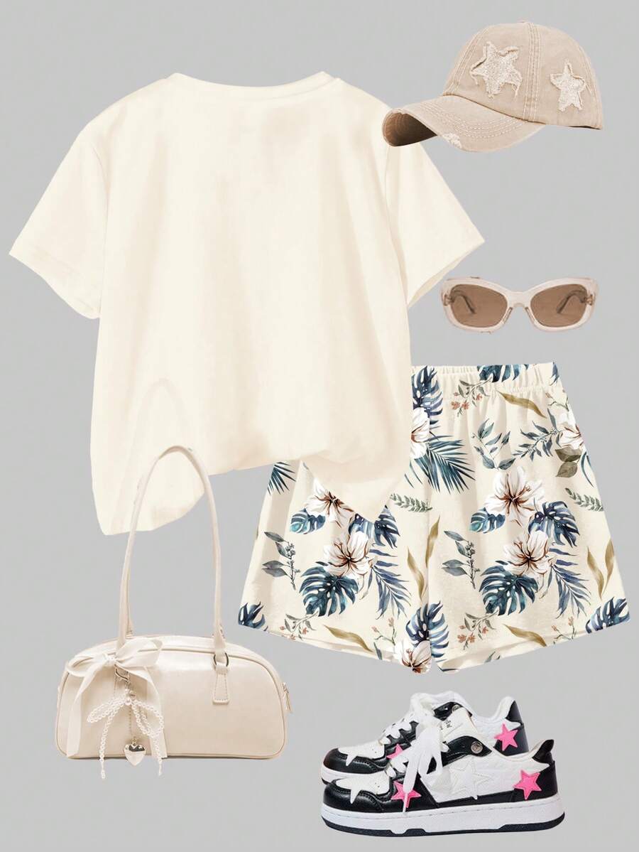 Young Girl Young Girl Casual Minimalist Short Sleeve T-Shirt And Shorts 2-Piece Set Suitable For Summer