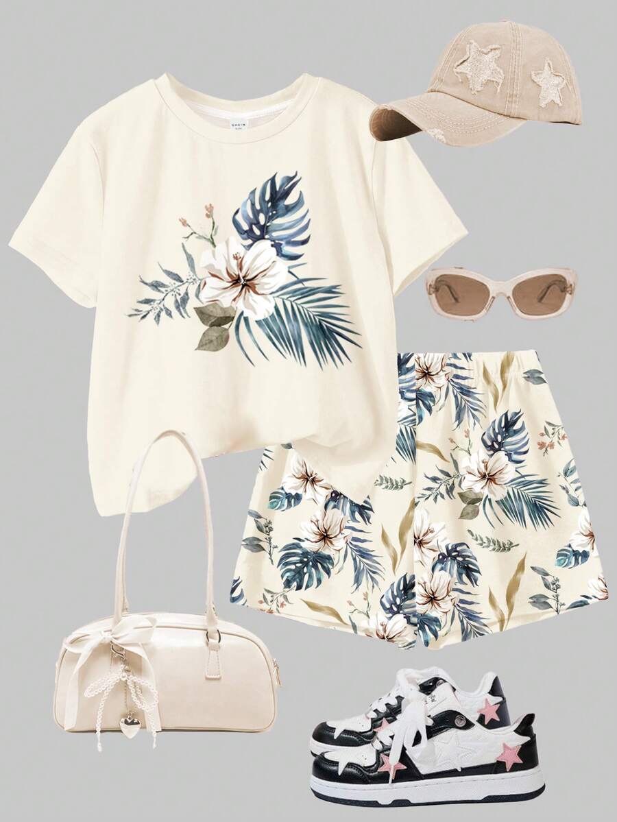 Young Girl Young Girl Casual Minimalist Short Sleeve T-Shirt And Shorts 2-Piece Set Suitable For Summer