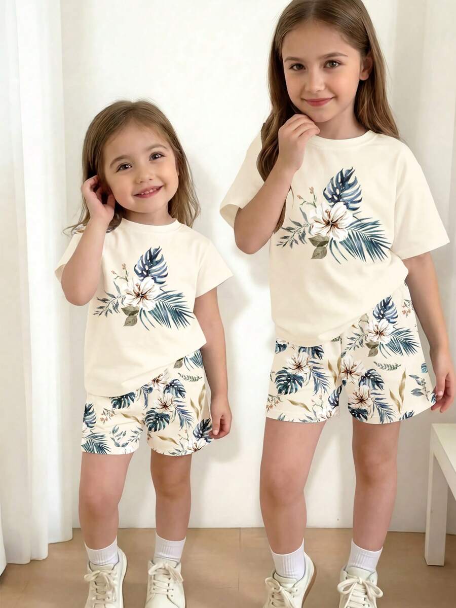 Young Girl Young Girl Casual Minimalist Short Sleeve T-Shirt And Shorts 2-Piece Set Suitable For Summer