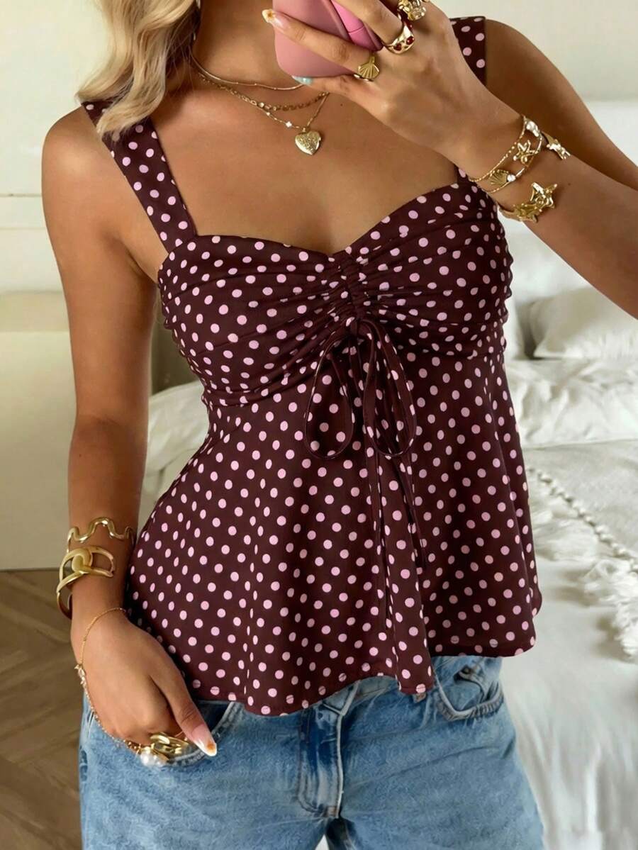2026 Spring/Summer Women's New Arrival: Brown And White Polka Dot Sweet Vintage 2000s Cute Casual Versatile Ruffle Drawstring Top/Tank Vacation