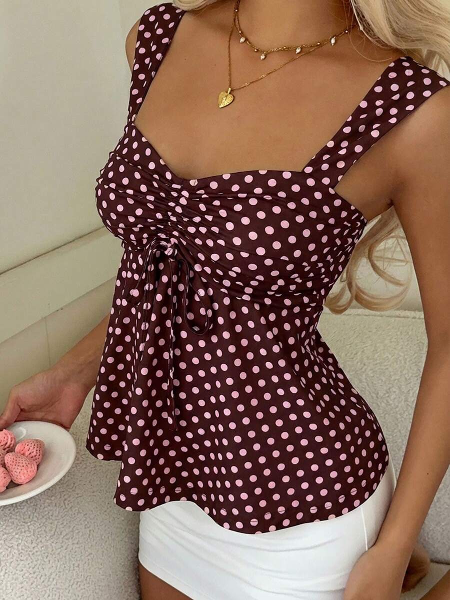 2026 Spring/Summer Women's New Arrival: Brown And White Polka Dot Sweet Vintage 2000s Cute Casual Versatile Ruffle Drawstring Top/Tank Vacation