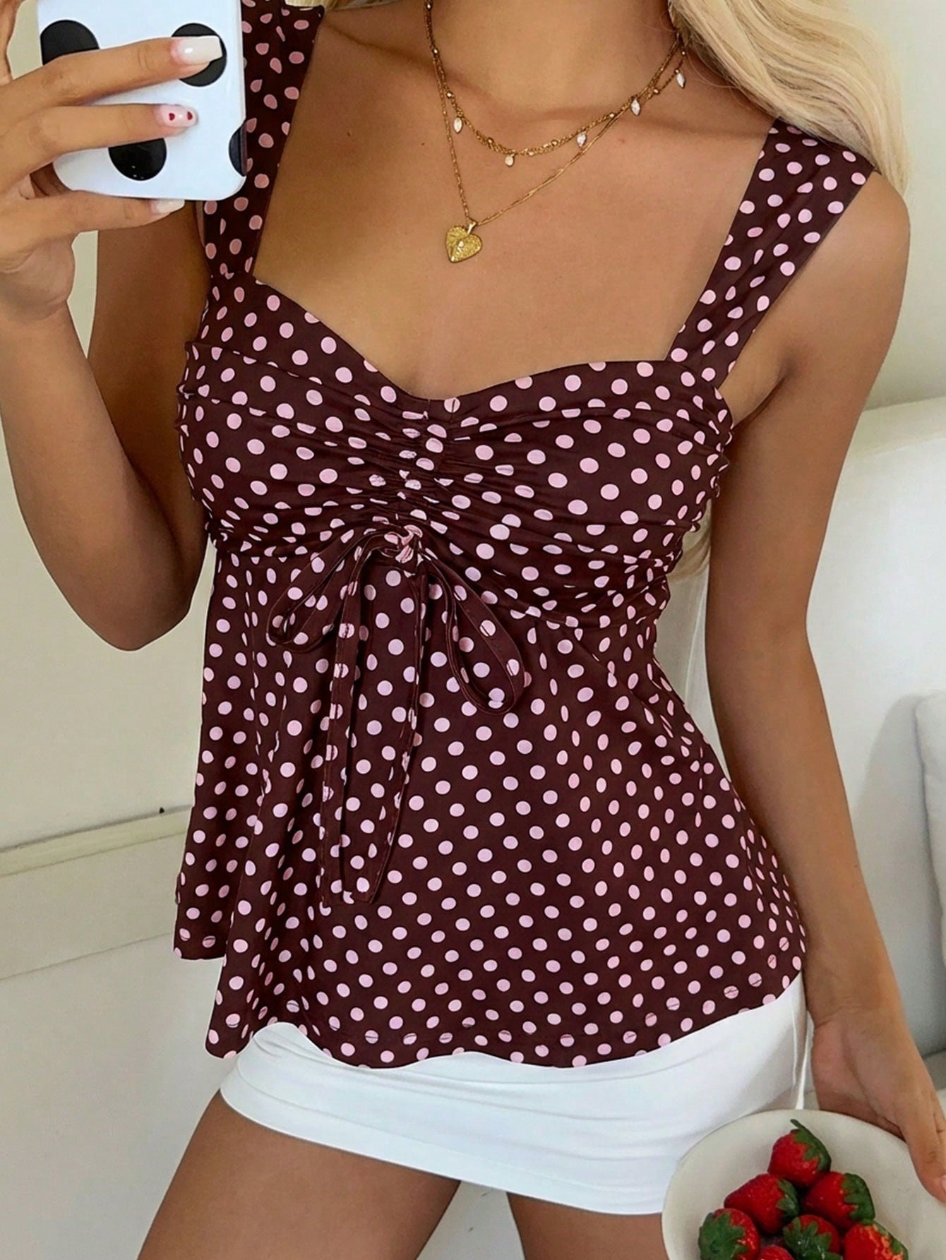 CovetEZ 2026 Spring/Summer New Women's Apparel: Black Polka Dot Cute Casual Versatile Ruffle Drawstring Blouse/Tank Top,Summer Top