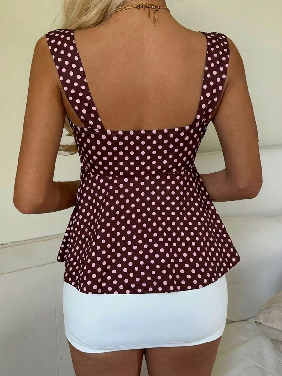 2026 Spring/Summer Women's New Arrival: Brown And White Polka Dot Sweet Vintage 2000s Cute Casual Versatile Ruffle Drawstring Top/Tank Vacation