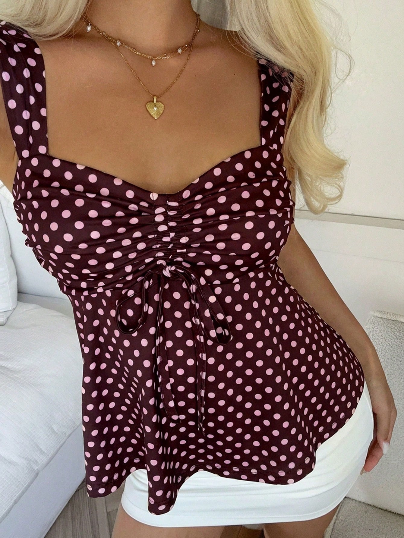 CovetEZ 2026 Spring/Summer New Women's Apparel: Black Polka Dot Cute Casual Versatile Ruffle Drawstring Blouse/Tank Top,Summer Top
