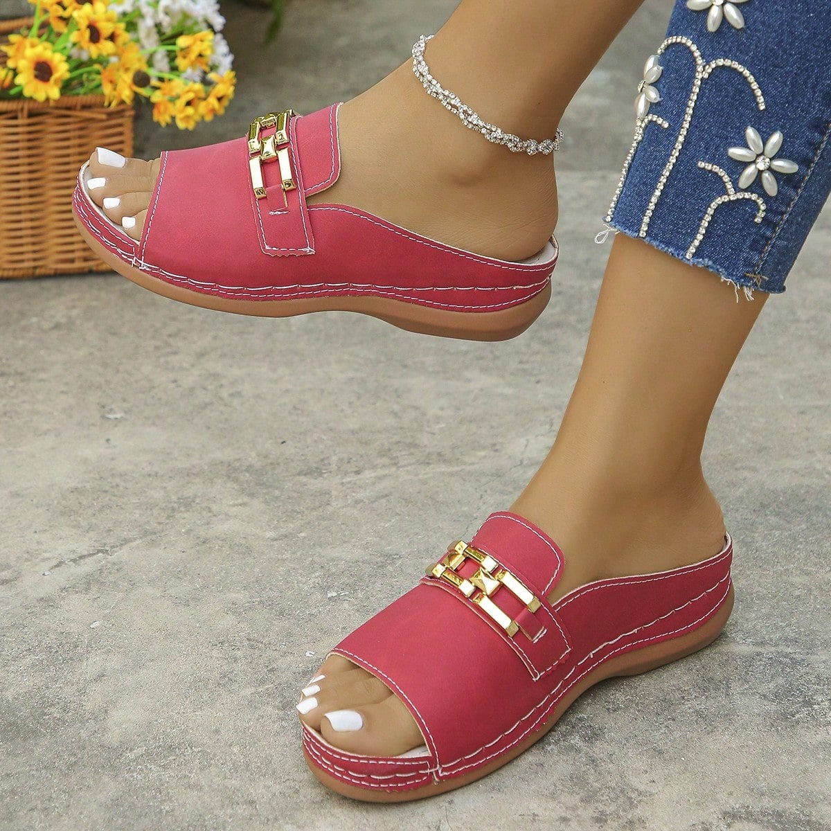 Women's bohemian wedge slide sandals with open toe, low wedge heel, slip-on design, and metal detail, available in plus sizes 36-43.