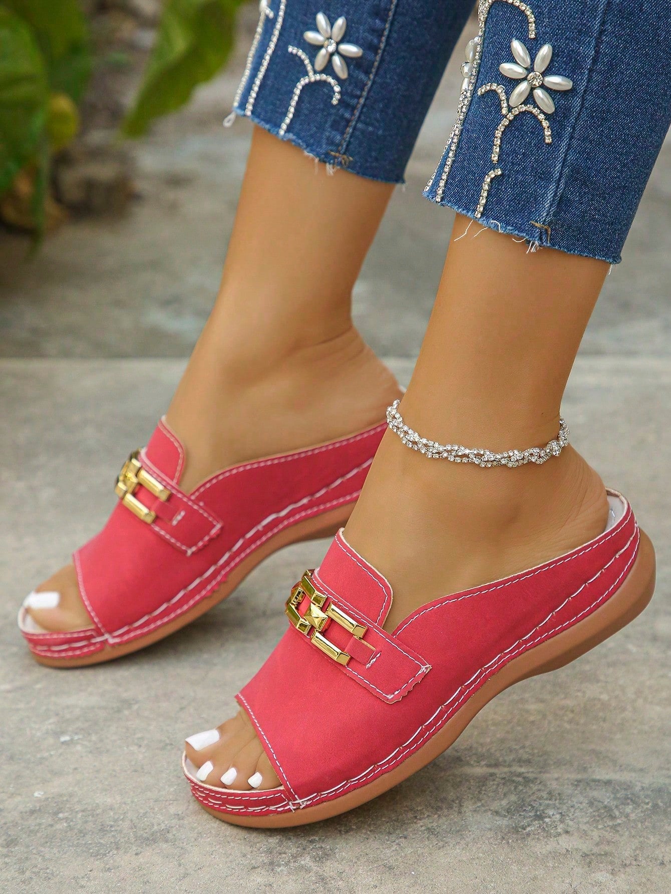 Women's bohemian wedge slide sandals with open toe, low wedge heel, slip-on design, and metal detail, available in plus sizes 36-43.