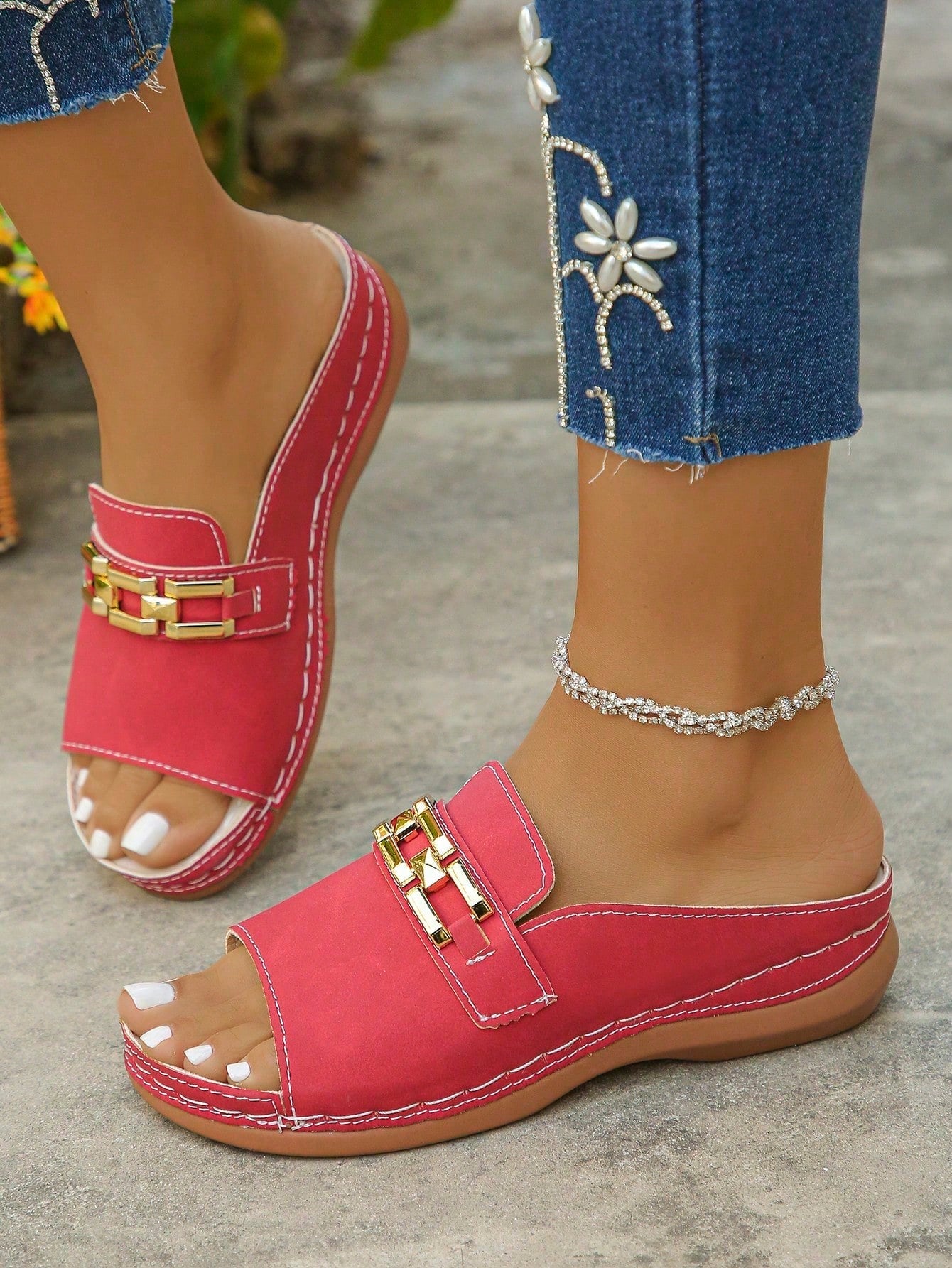 Women's bohemian wedge slide sandals with open toe, low wedge heel, slip-on design, and metal detail, available in plus sizes 36-43.