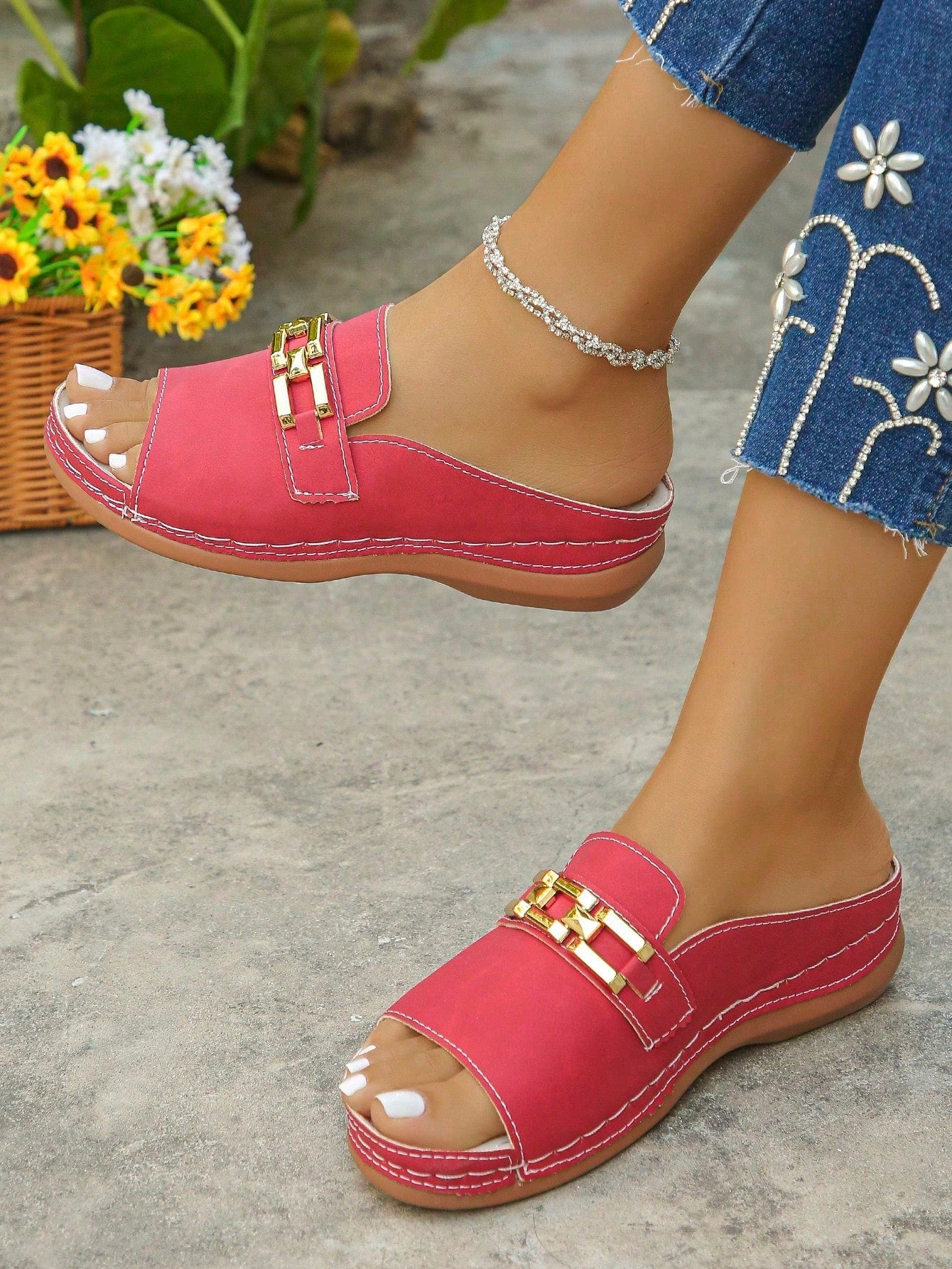 Women's bohemian wedge slide sandals with open toe, low wedge heel, slip-on design, and metal detail, available in plus sizes 36-43.