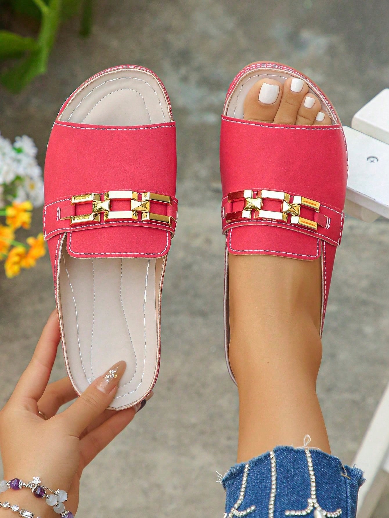 Women's bohemian wedge slide sandals with open toe, low wedge heel, slip-on design, and metal detail, available in plus sizes 36-43.