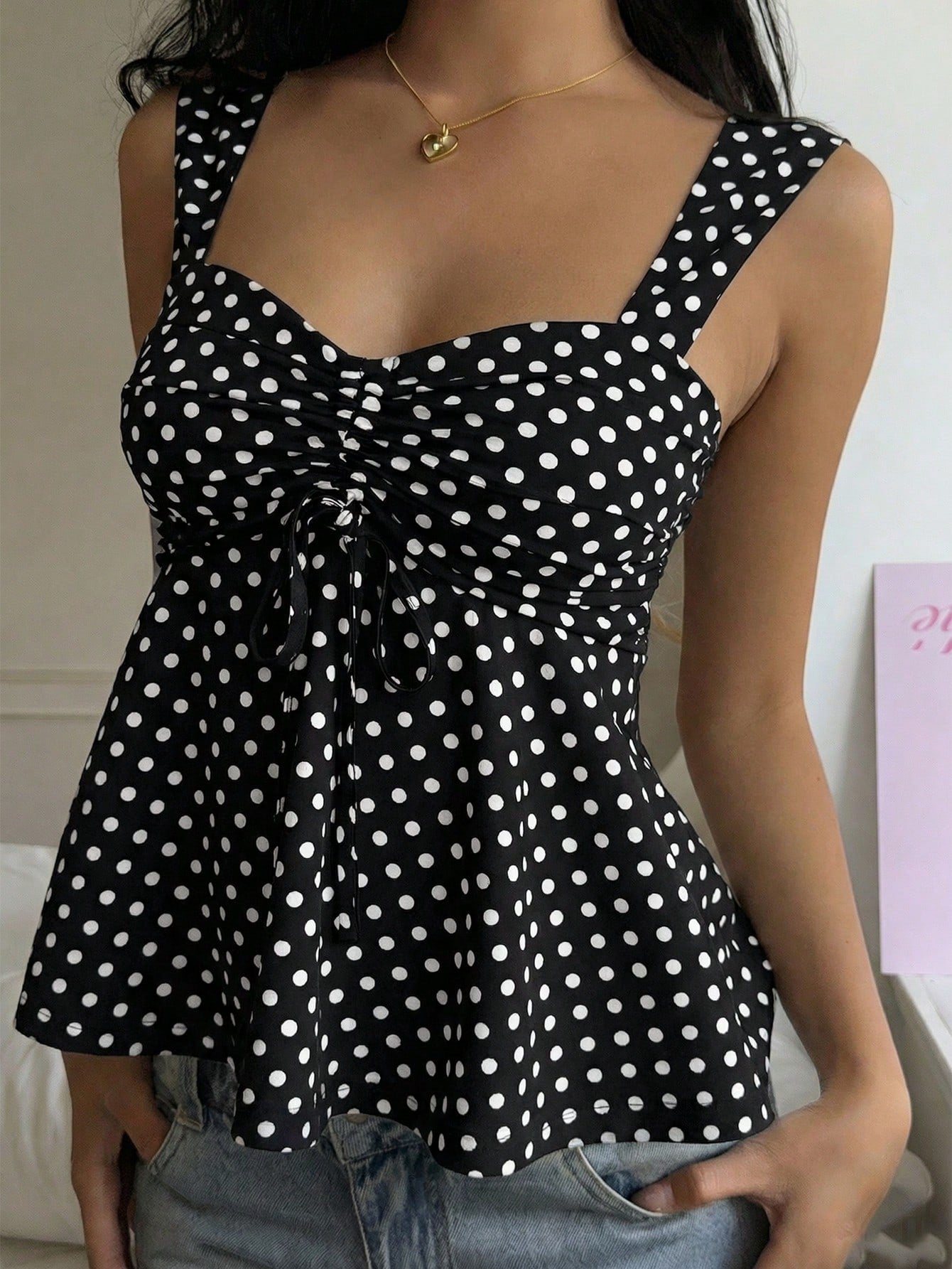 CovetEZ 2026 Spring/Summer New Women's Apparel: Black Polka Dot Cute Casual Versatile Ruffle Drawstring Blouse/Tank Top,Summer Top