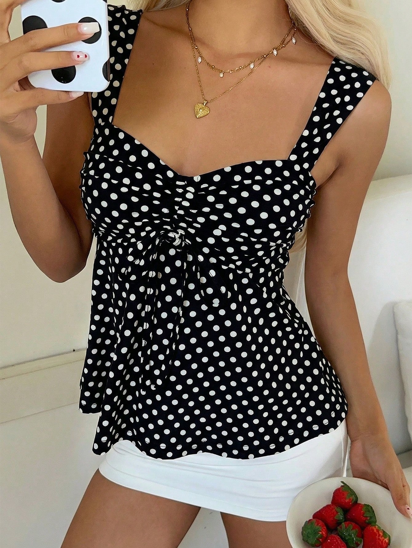 CovetEZ 2026 Spring/Summer New Women's Apparel: Black Polka Dot Cute Casual Versatile Ruffle Drawstring Blouse/Tank Top,Summer Top