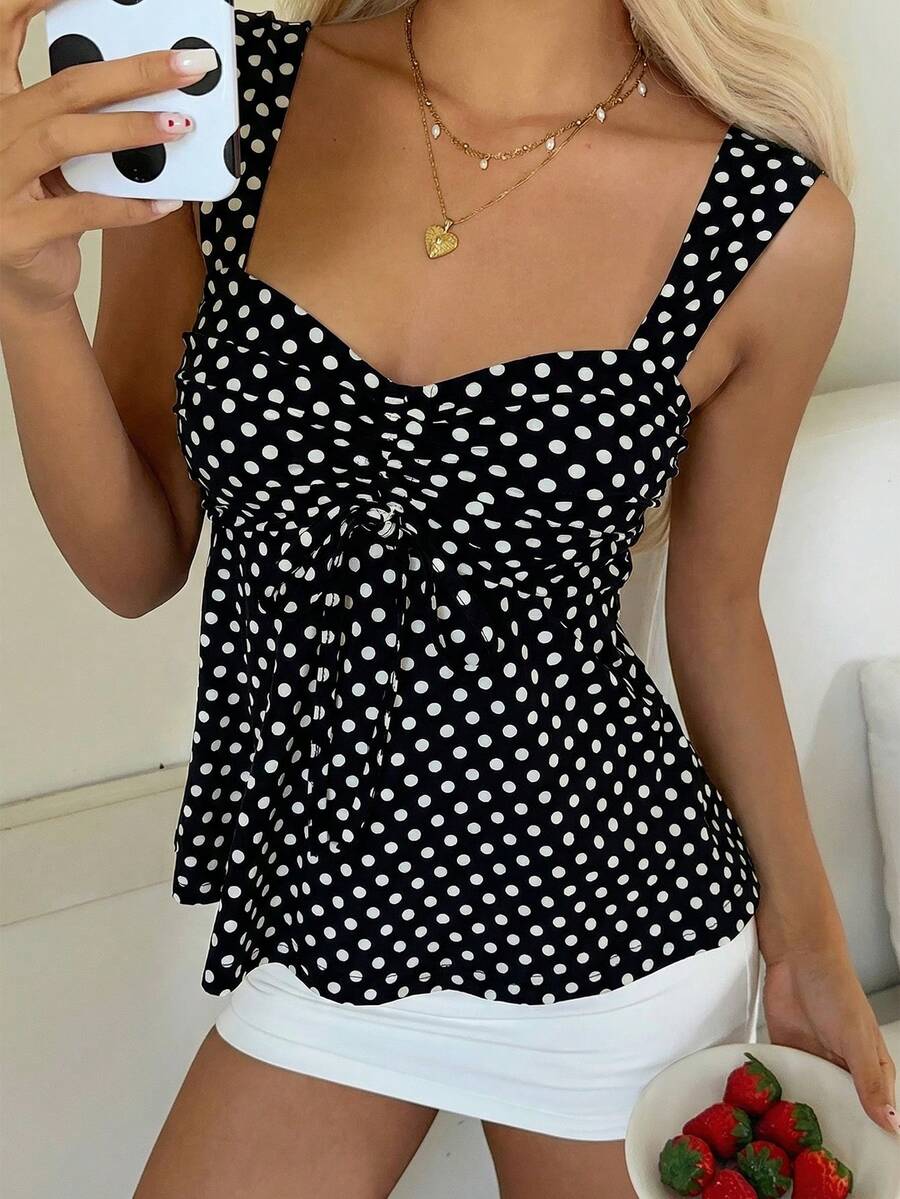 2026 Spring/Summer Women's New Arrival: Brown And White Polka Dot Sweet Vintage 2000s Cute Casual Versatile Ruffle Drawstring Top/Tank Vacation