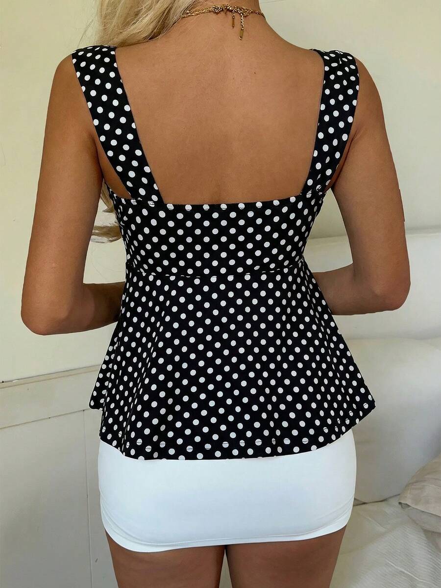 2026 Spring/Summer Women's New Arrival: Brown And White Polka Dot Sweet Vintage 2000s Cute Casual Versatile Ruffle Drawstring Top/Tank Vacation