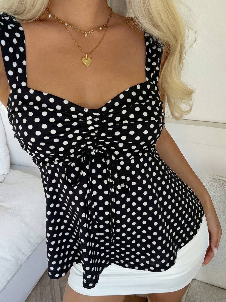 2026 Spring/Summer Women's New Arrival: Brown And White Polka Dot Sweet Vintage 2000s Cute Casual Versatile Ruffle Drawstring Top/Tank Vacation