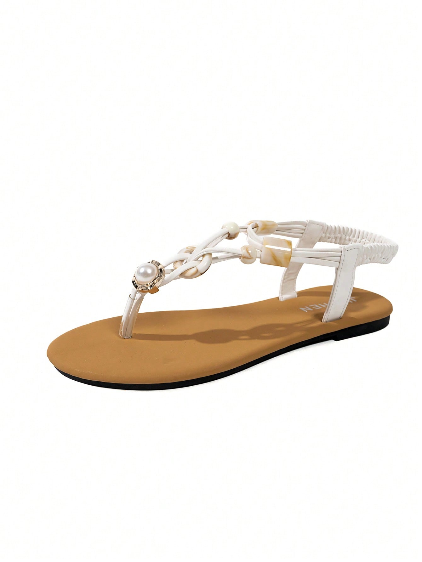 Women's beaded woven flip flop thong sandals with flat soft sole, toe-post design, and beach-style plant pattern detailing.