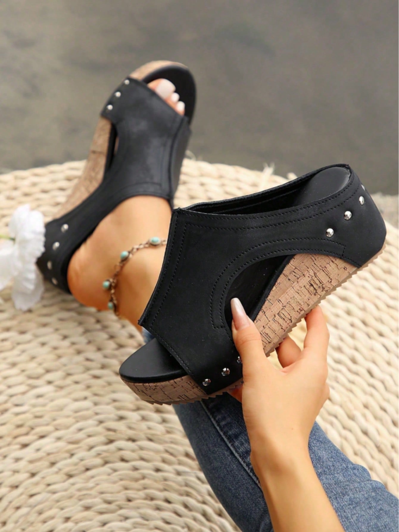 Women's plain slip-on slippers with a round toe, platform sole, and studded details, designed for casual daily wear and vacation outfits.