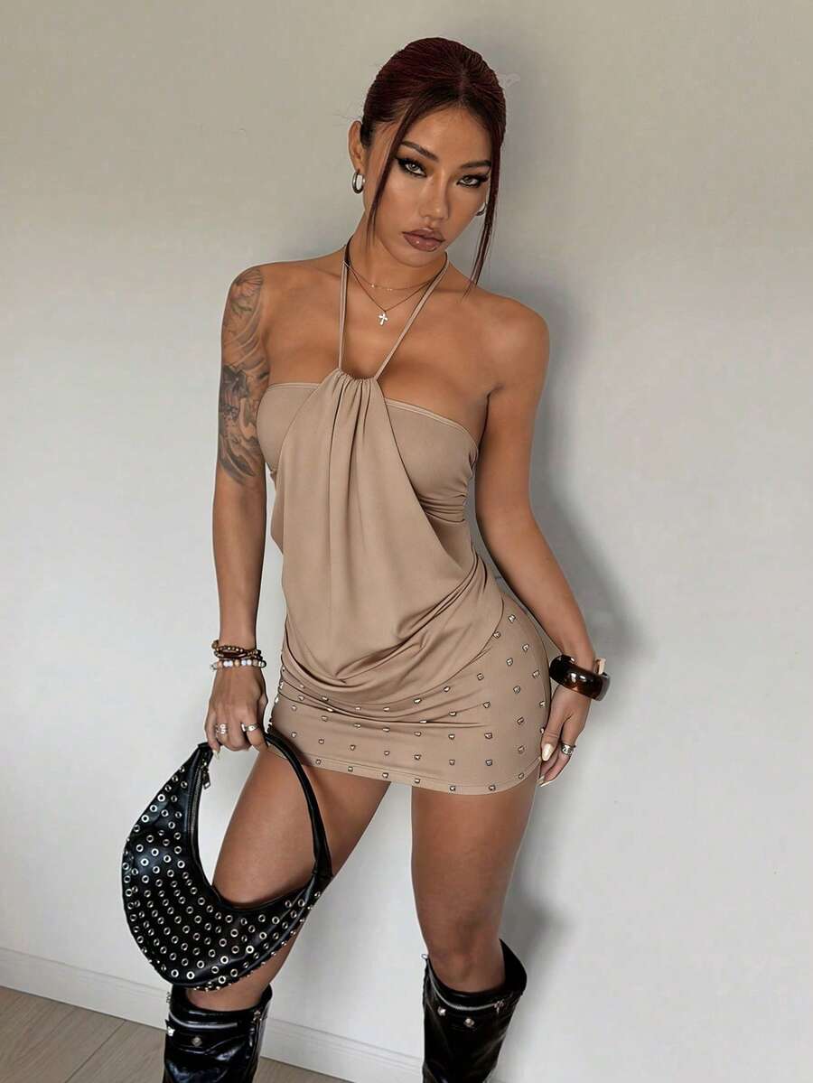 Women's brown beaded halter mini dress with a backless tie-back knot design, sleeveless slim fit silhouette, and pencil hem.